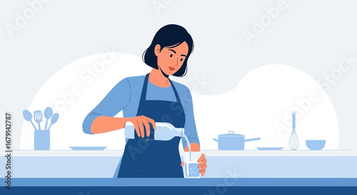 Woman Pouring Water Into Glass in Kitchen, Illustration of Everyday Life Activity