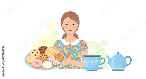 Woman Serves Cookies With Tea, A Cozy Afternoon Break, And Sweet Temptation
