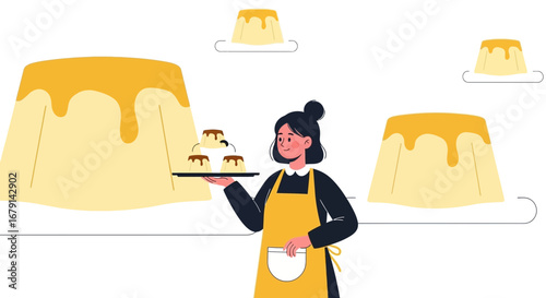 Woman Serving Delicious Flan Dessert in a Minimalist Restaurant Setting