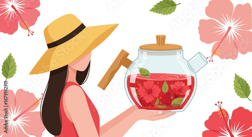 Woman Serving Refreshing Herbal Tea with Hibiscus Flowers in Summer