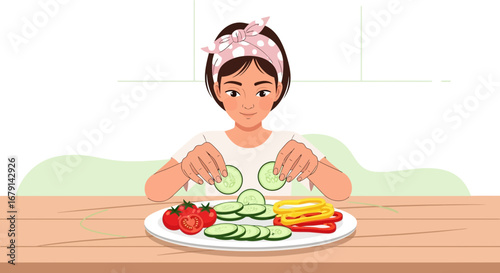 Woman Prepares A Colorful Plate Of Fresh Vegetables For A Healthy Meal Presentation