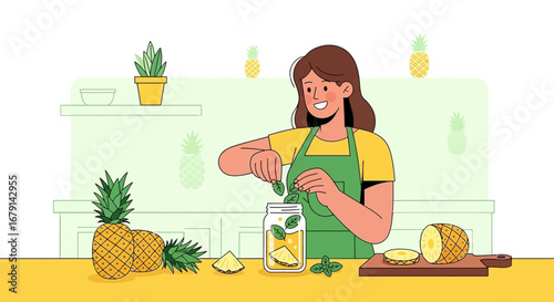 Woman Prepares A Refreshing Tropical Pineapple Beverage With Fresh Herbs
