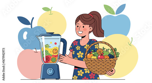Woman Prepares a Healthy Smoothie with Fresh Fruits from a Wicker Basket