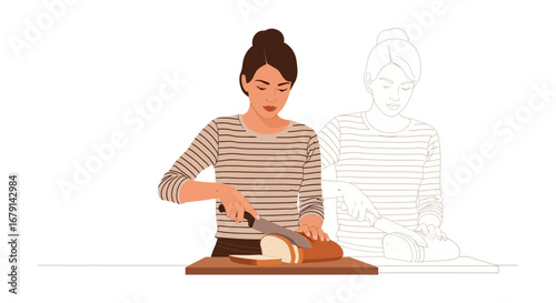 Woman Prepares Bread For A Meal In Her Kitchen Ready For Eating With Knife