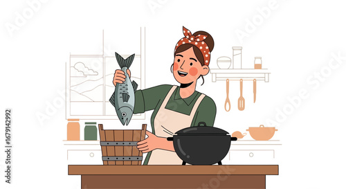 Woman Prepares Delicious Fish Meal In Her Kitchen For A Wonderful And Tasty Dinner