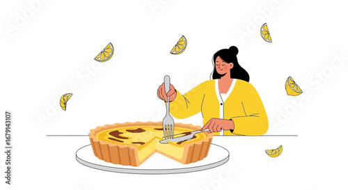Woman Slicing A Lemon Tart, Preparation Of A Dessert, Ready To Serve, Vector Illustration