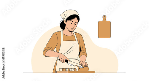 Woman Slicing Bread On a Wooden Board In a Kitchen Depicting Everyday Culinary Activity