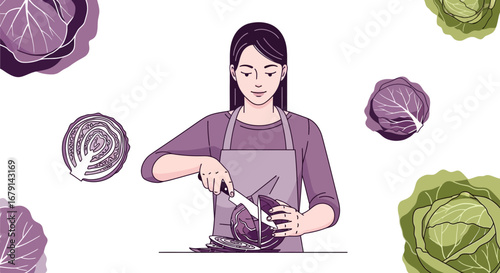 Woman slicing cabbage preparing a healthy fresh organic vegetable meal on the countertop