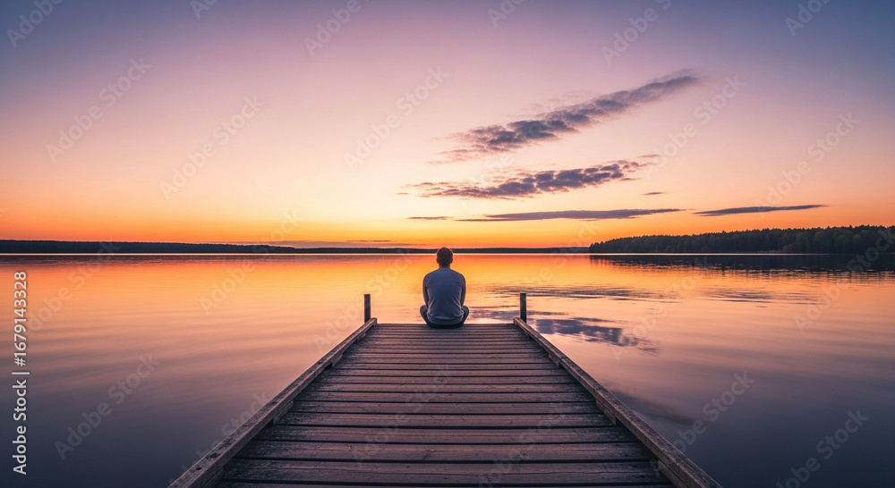 Fototapeta premium Photo of a lone figure sits on a wooden pier, gazing at a vibrant sunset over a calm lake