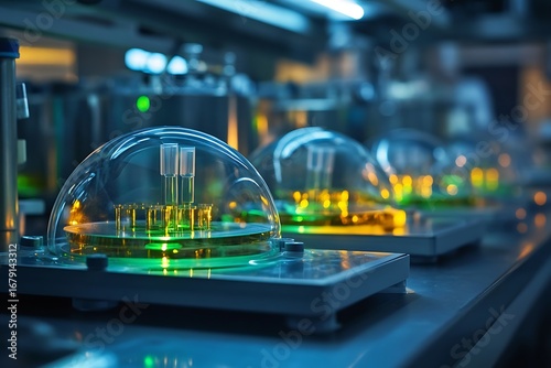 Enzyme reactor systems encased in transparent biopolymer domes, glowing softly under lab lights 