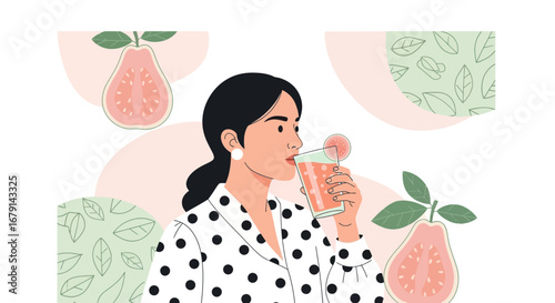 Woman Sipping Refreshing Guava Juice, A Delightful And Healthy Summer Beverage