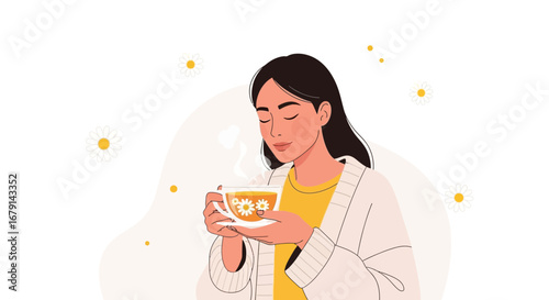 Woman Sipping Tea with Eyes Closed, Enjoying the Aroma, Relaxing in the Moment