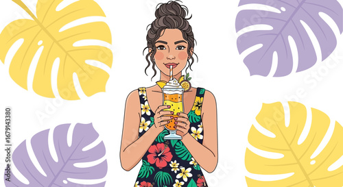 Woman Sipping Tropical Drink Amidst Colorfully Designed Monstera Leaves