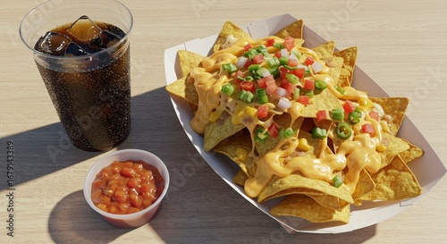 Delicious nachos with cheese and salsa, served with a refreshing cola drink on a wooden table