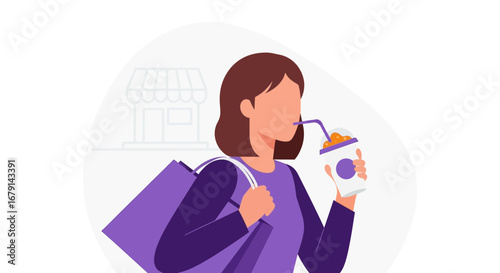 Woman Sips Drink While Shopping, Enjoying Refreshment And Purchased Merchandise