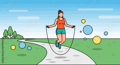 Woman skipping rope in park enjoying fitness and exercising during a sunny day
