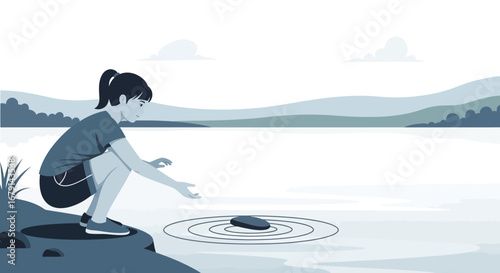 Woman Skips Stone Across Peaceful Lake creating Ripples in Calm Water Environment