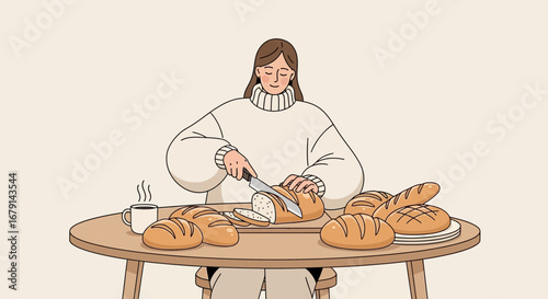 Woman Slice Bread Enjoying Freshly Baked Goods For Her Daily Breakfast Meal