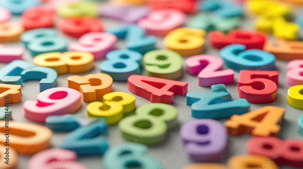 Naklejka premium Vibrant Pile of Wooden Numbers on Raw Background Perfect for Creative Projects, Branding and Graphic Design.