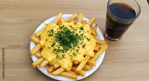 Loaded French Fries with Cheese and Parsley, Served with Cola