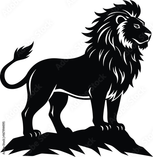 Majestic lion standing proudly on a rocky outcrop silhouette
