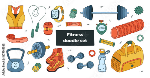 Big vivid cartoon workout and gym set with equipment for fitness, weightlifting, workout. Sport collection with hand drawn outline with sport bra, kettlebell, rope, pilates band isolated on white.