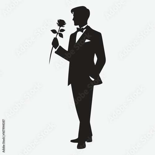 silhouette of a gentleman standing with rose in his hand in bold black