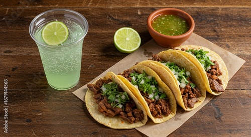 Authentic Mexican street tacos with savory fillings, fresh toppings, a refreshing lime drink, and zesty green salsa on a rustic wooden table