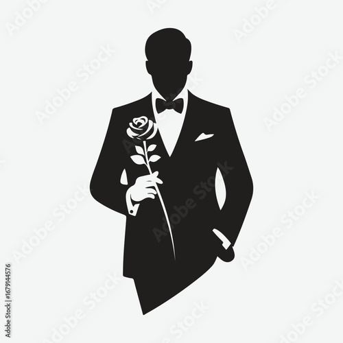 silhouette of a gentleman standing with rose in his hand in bold black