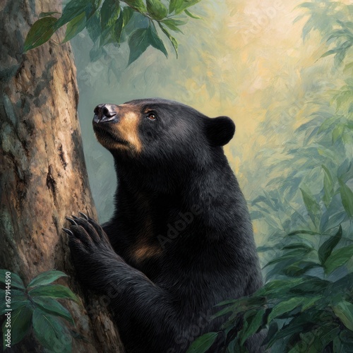 A black bear climbing a tree in a lush green forest, with soft sunlight filtering through the leaves