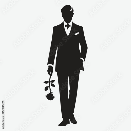 silhouette of a gentleman standing with rose in his hand in bold black
