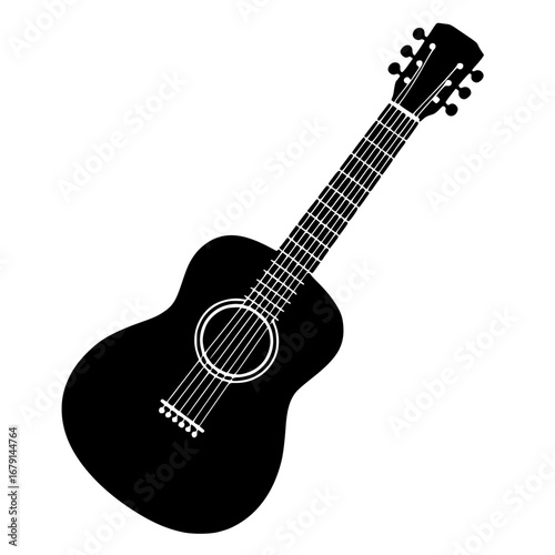Black Silhouette Acoustic Guitar Vector Isolated on White Background