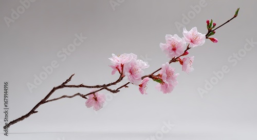 Delicate pink blossoms on a branch against a neutral background
