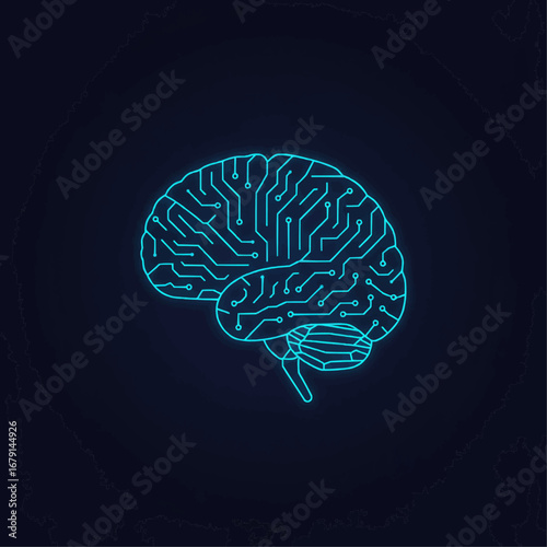 Artificial intelligence concept: a stylized human brain made of interconnected circuit lines and nodes, glowing blue, flat vector illustration on dark background.