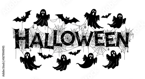 Vector art of halloween word with ghosts and bats