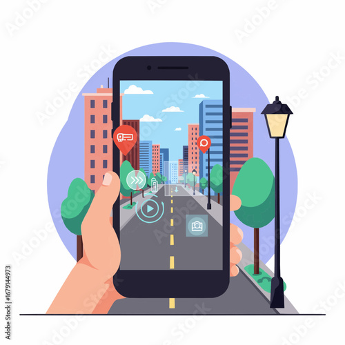 Augmented reality concept: a smartphone camera view overlaying digital information onto a real-world street, flat illustration style.