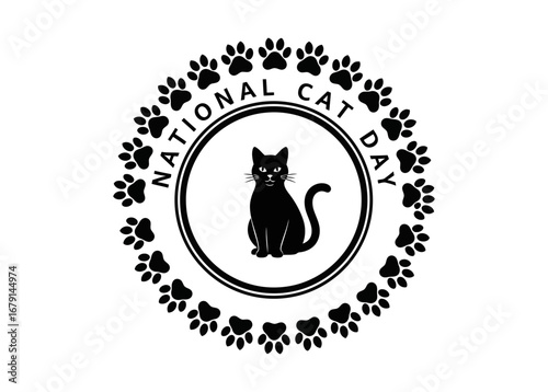 Vector art of black cat silhouette with paw prints for national cat day
