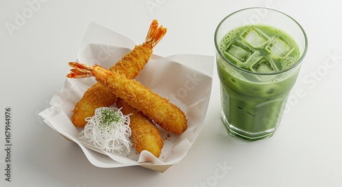 Crispy Shrimp Tempura with Iced Matcha Latte A Refreshing Japanese Treat