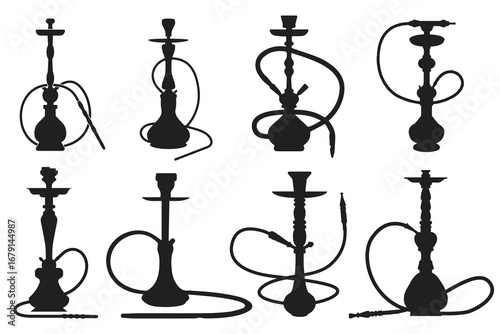 Hookah Silhouettes Collection. Set of artistic black hookah silhouettes with hoses and elegant shapes for lounge bar decoration tobacco culture design and Middle Eastern themed graphics.
