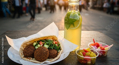 Delicious Falafel Pita Pocket with Refreshing Lemonade A Taste of the Market