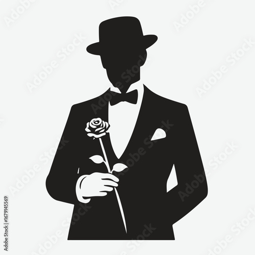 silhouette of a gentleman standing with rose in his hand in bold black
