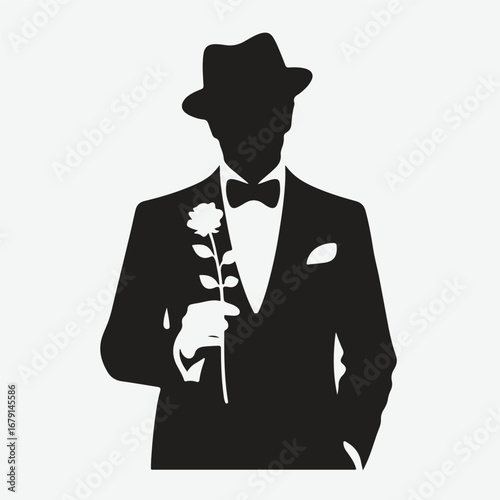 silhouette of a gentleman standing with rose in his hand in bold black