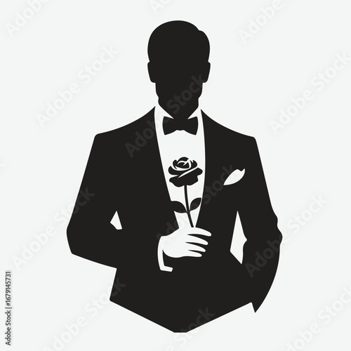 silhouette of a gentleman standing with rose in his hand in bold black