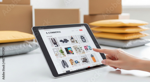 Photo of a persons finger points to a tablet displaying an ecommerce website with various products, surrounded by shipping packages and envelopes