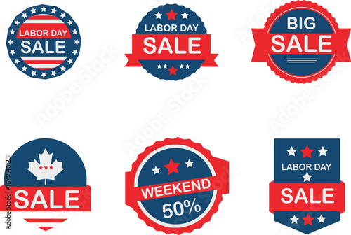 This vibrant illustration features a collection of sale badges designed for Labor Day promotions. The badges include phrases like "Labor Day Sale," "Big Sale," and "Weekend 50% Off.