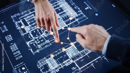 Architects collaborating on smart building plan interactive screen