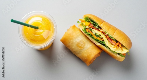 Vibrant yellow fruit beverage complementing a savory filled baguette sandwich and a golden crispy spring roll, creating a convenient and complete quick meal assortment