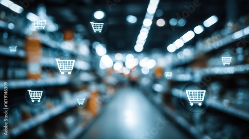 Blurry Shopping Cart in a Store Dynamic Scene for Ecommerce, Retail Marketing, and Digital Campaigns Encapsulating the Energy of Modern Shopping.