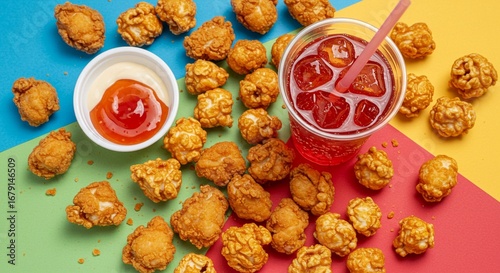 Crispy Fried Delights A Colorful Feast of Chicken Bites and Refreshing Drink