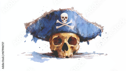 Vector illustration of pirate captain's hat on a white background, watercolor painting.